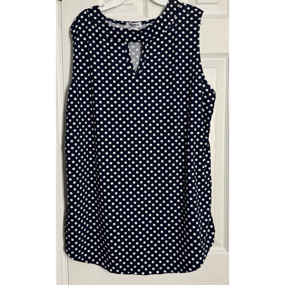 StitchWurks Navy Blue Sleevless Blouse With White Polka Dots. Key Hole, 1X